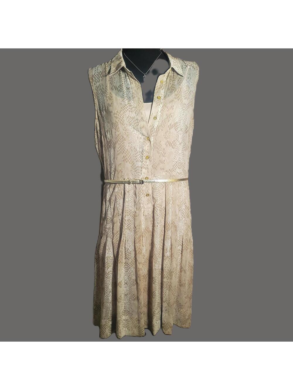 Calvin Klein Sleeveless Dress Pleated Neutral-Toned Snakeskin Print - Size 12